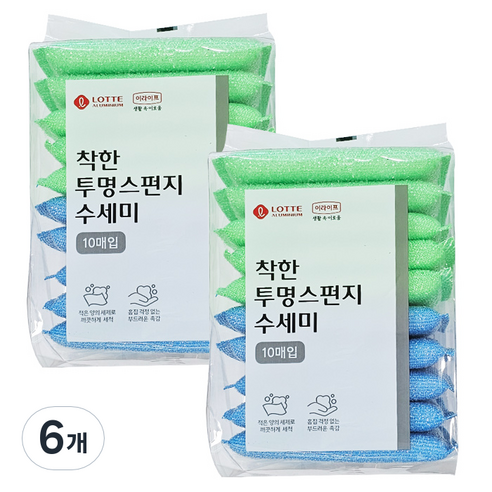 롯데이라이프 투명 스펀지 수세미 랜덤 발송, 10매입, 6개
