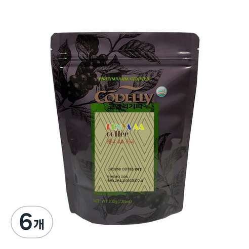 코델리 케냐AA 원두 분쇄커피, 200g, 커피메이커, 6개