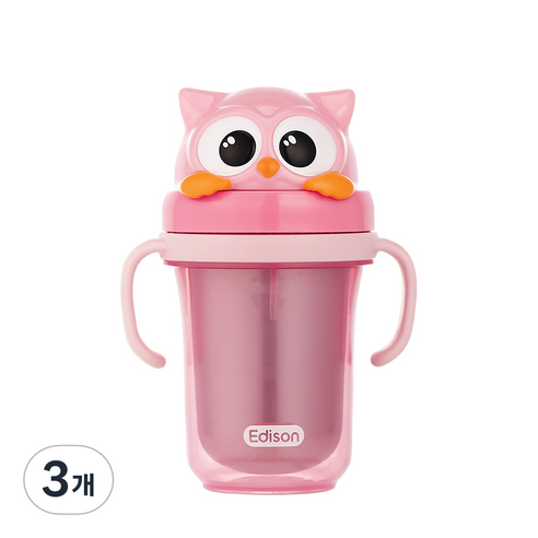 에디슨 국산 프렌즈 흘림방지 이중 스텐 빨대컵 2 300ml, 부엉이 핑크, 3개