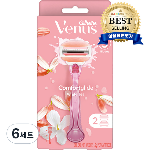 Venus 컴포트 글라이드 화이트티 여성용 면도기 핸들1입 + 면도날2입, 6세트