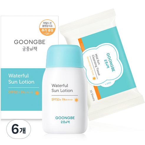 궁중비책 워터풀 선로션 SPF50+ PA++++ 마일드 선 클렌징 티슈, 80g, 6개