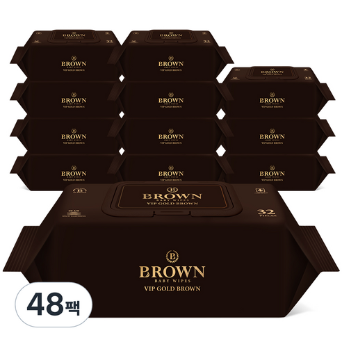 브라운 VIP 골드 브라운 엠보싱 저자극 아기물티슈 라이트 캡형, 32매, 48팩