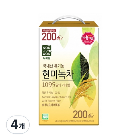 녹차원 국내산 유기농 현미녹차 티백, 1.2g, 200개입, 4개