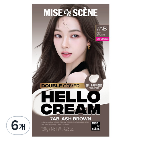 미쟝센 헬로크림 더블커버 새치 겸용 염모제, 6개, 애쉬브라운