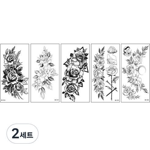 스케치 타투 장미 꽃 흑백 문신 스티커 5종 세트, BK-04, 2세트