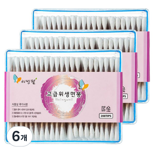 리빙웰 사각면봉 200p, 5개입, 6개