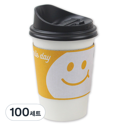 아이엔피 종이컵 화이트 무지 380ml + 롱개폐 뚜껑 + 홀더 스마일옐로 세트, 100세트