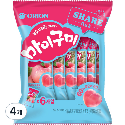 오리온 복숭아과즙 60 그대로 마이구미, 259g, 4개