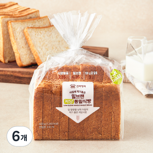 신라명과 아침에 먹기 좋은 밀브랜 저당 통밀식빵, 420g, 6개