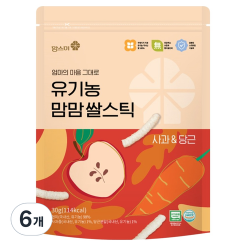 맘스미 유아용 유기농 맘맘 쌀스틱, 사과 당근, 30g, 6개