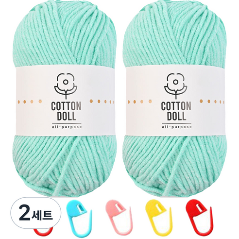 니뜨 코튼돌실 50g x 2p + 단수링 5p 세트, 28 파스텔아쿠아(뜨개실), 랜덤발송(단수링), 2세트
