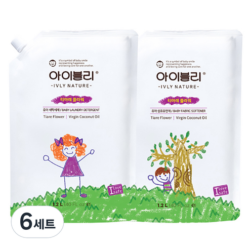 아이블리네이처 티아레 플라워향 코코넛 오일 성분 유아용 세제 1.2L + 섬유유연제 1.2L, 6세트