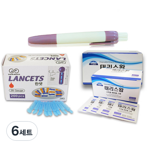 태리 무통 채혈기 + 일회용 수동랜싯 28G 200p + 알콜 스왑 100p, 6세트