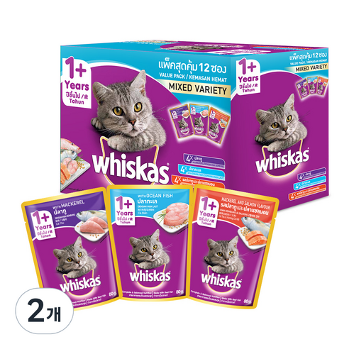 위스카스 어덜트 고양이 파우치 믹스드 버라이어티팩 습식사료 고등어 80g x 4p + 오션피쉬 80g x 4p + 고등어와 연어 80g x 4p, 2개