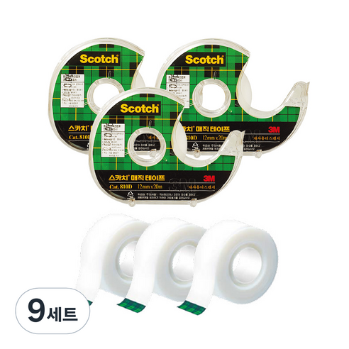 쓰리엠 스카치 매직 테이프 디스펜서 122 18mm x 16m + 리필 18mm x 15m 세트, 혼합색상, 9세트