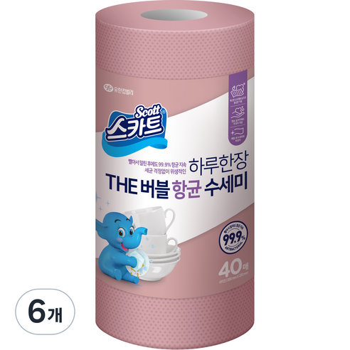 스카트 하루한장 THE 버블 항균 수세미, 로즈핑크, 40개, 6개