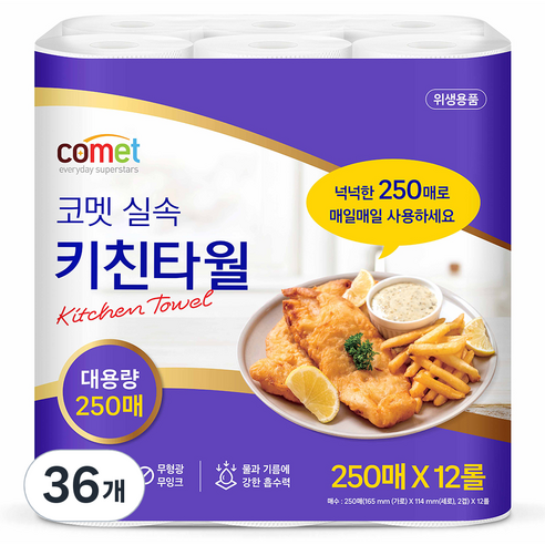 코멧 다용도 실속 키친타월, 250매, 36개