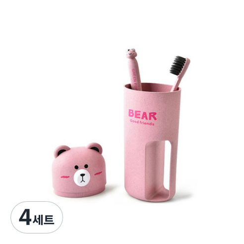 휴대용 곰돌이 양치컵 + 칫솔 2p 세트 핑크 164g, 4세트
