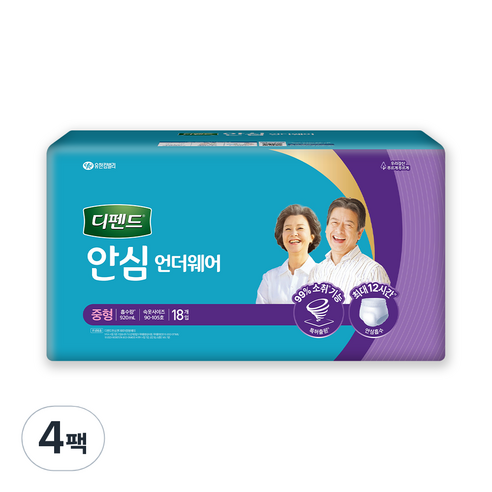 디펜드 남녀공용 안심 언더웨어 요실금 성인기저귀, 중형, 18개입, 4개
