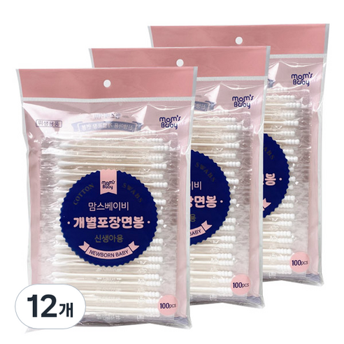 맘스베이비 신생아용 개별포장 면봉, 100개입, 12개