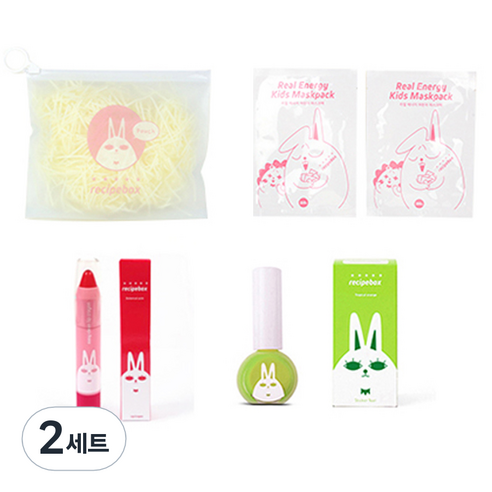 레시피박스 어린이 여행용 심플 메이크업 세트, 휴대용 파우치 + 어린이 마스크팩 2p + 립크레용 + 매니큐어 프레쉬 그린, 2세트