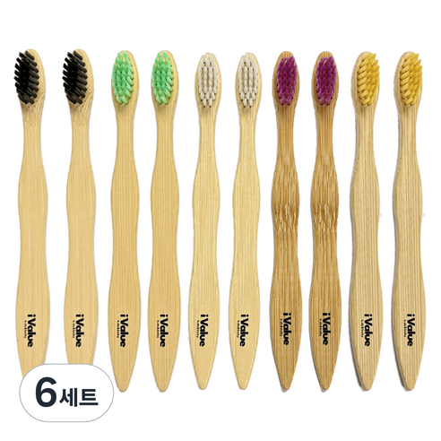 아이벨류 대나무 유아 칫솔, 옐로우, 퍼플, 화이트, 그린, 블랙, 6세트