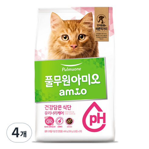 풀무원아미오 고양이 건강담은 식단 기능성 사료, 유리너리+스트레스, 400g, 4개