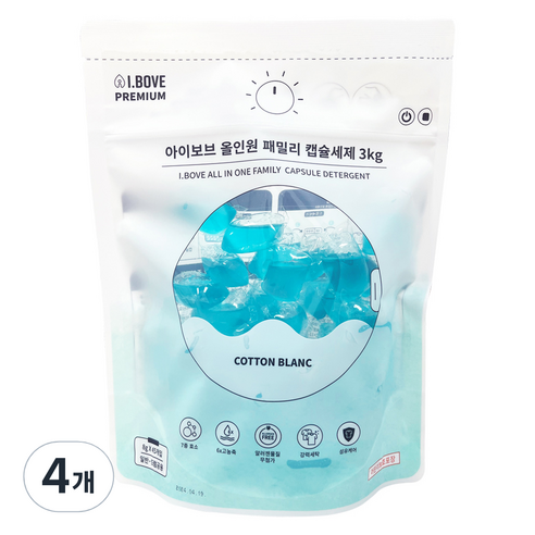 아이보브 프리미엄 코튼블랑 올인원 패밀리 캡슐세제, 45개입, 4개