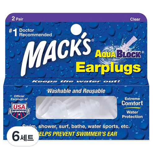 Macks 아쿠아블록 실리콘 수영 귀마개 투명색 4p, 6개, 2쌍