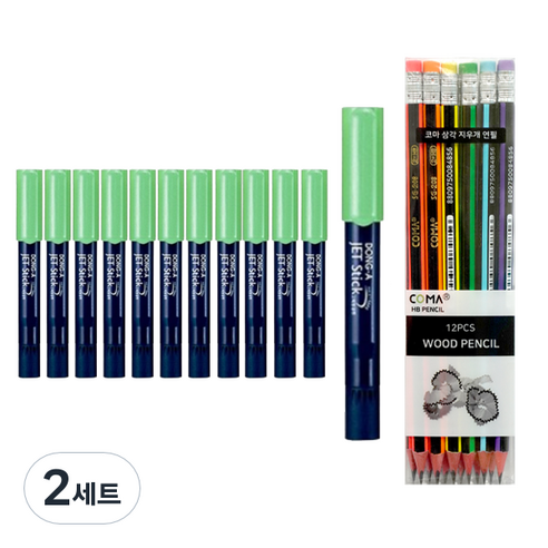 동아 제트스틱2 타원형 12p + 투코비 삼각 지우개 연필 SG-208 12p 세트, 연두(제트스틱), 혼합색상(지우개연필), 2세트