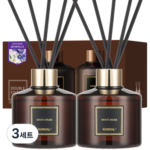 쿤달 퍼퓸 디퓨저 200ml 2개 + 섬유스틱 10개, 화이트머스크향, 400ml, 3세트