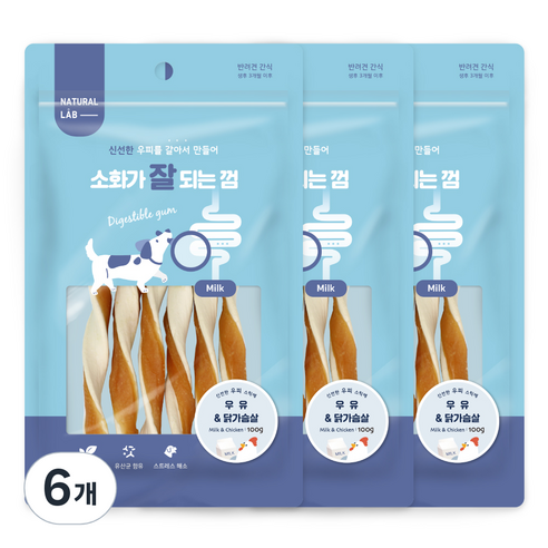 네츄럴랩 소화가 잘되는 껌 강아지 간식 100g, 우유 + 닭가슴살 혼합맛, 6개