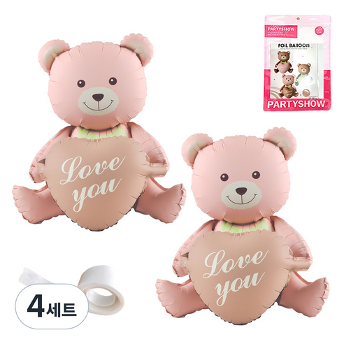 파티쇼 생일 프로포즈 곰돌이 은박 풍선 러브 하트 2p + 글루닷 접착 스티커 세트, 핑크(곰돌이 은박 풍선), 핑크(곰돌이 은박 풍선), 4세트