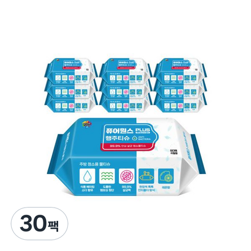 퓨어원스 플러스 주방용 청소 물티슈 리필 80p, 30개, 450g