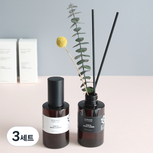 모리앤 피노브라운 디퓨저 + 섬유향수, 러브 앤 화이트 플라워, 120ml, 3세트