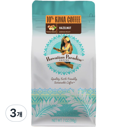 하와이안파라다이스커피 코나 헤이즐넛 향 홀빈 커피, 198g, 3개, 홀빈(분쇄안함)