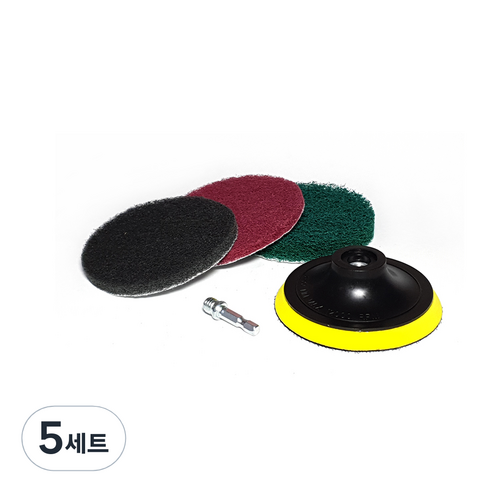 전동드릴용 청소 수세미 75mm 3종 + 백업 패드 + 연결 어댑터 세트, 회색, 적색, 녹색, 5세트