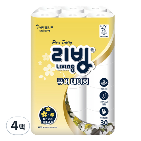 리빙티슈 3겹 퓨어 데이지 고급롤화장지, 4개, 30개입, 30m