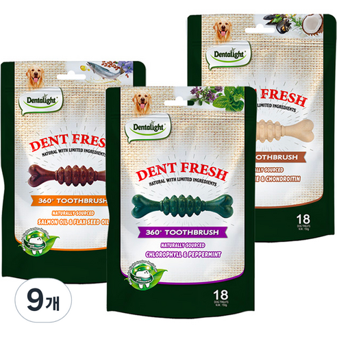 덴탈라이트 강아지 덴탈 프레쉬 360도 칫솔 덴탈껌, 입냄새 제거, 모질개선, 관절보호, 150g, 9개