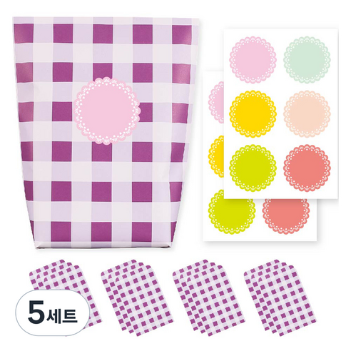체크 종이 포장지 포장봉투 퍼플 12p + 스티커 6종 x 2p 세트, 혼합색상, 5세트