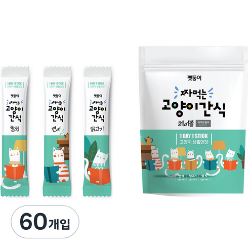 펫둥이 짜먹는 고양이 간식 3가지맛, 참치, 연어, 닭고기, 12g, 60개입