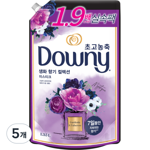 다우니 초고농축 생화향기 미스티크 리필, 1.35L, 5개