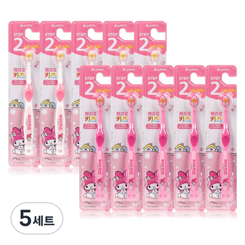 페리오 유아용 산리오 마이멜로디 2단계 5세 이하 칫솔 2종 x 5p 세트, 흰색 + 핑크색, 5세트