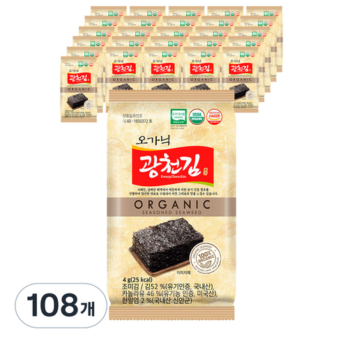 오가닉 광천김 도시락김, 4g, 108개