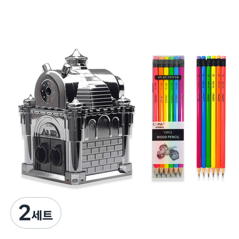 티티 캐슬 샤파 연필깎이 KI-1600 + 투코비 코마 삼각 지우개 연필 TC-208 6종 x 2p 세트, 은색(연필깎이), 2세트