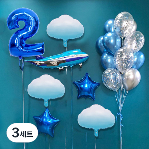 마켓감성 블루비행기테마 생일풍선세트, 타입2, 3세트