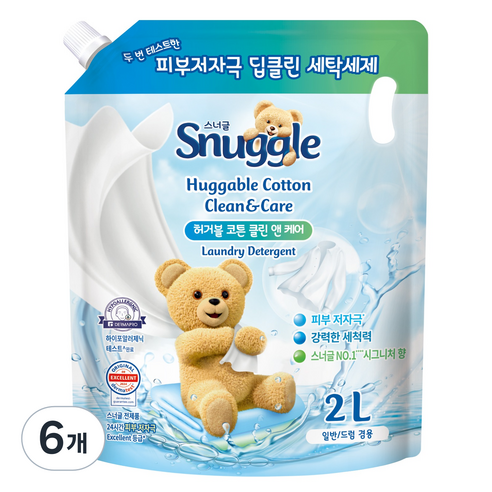 스너글 일반 드럼 겸용 클린앤케어 허거블 코튼향 액상세제 리필, 6개, 2L