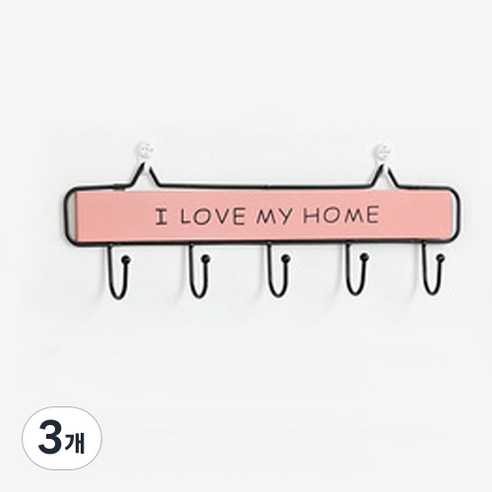 써니코스트 아이러브홈 나무 벽걸이 5후크, 핑크, 3개