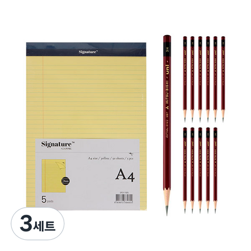 시그니처 리갈패드 A4 5p + 유니볼 연필 3H 12p, 옐로우(리갈패드), 3세트