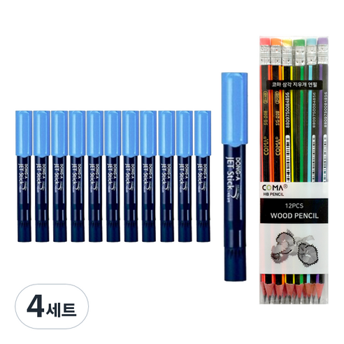 동아 제트스틱2 타원형 12p + 투코비 삼각 지우개 연필 SG-208 12p 세트, 하늘(제트스틱), 혼합색상(지우개연필), 4세트
